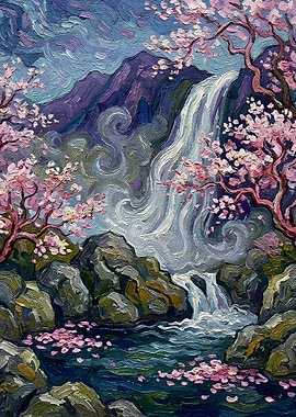 Waterfall with Cherry Blossoms