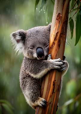 Koala hugging a tree in the rain