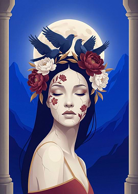 Woman with Birds and Flowers