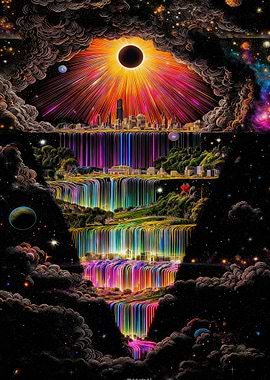 Cosmic Cityscape with Rainbow Waterfalls