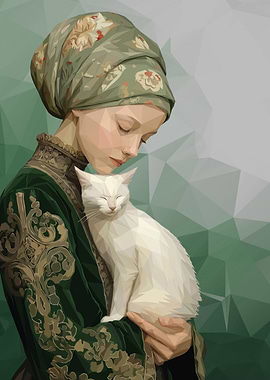Woman in Turban Holding White Cat