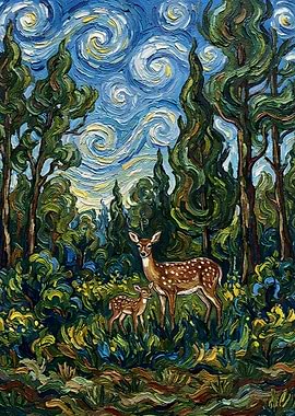 Deer in a Van Gogh-style forest