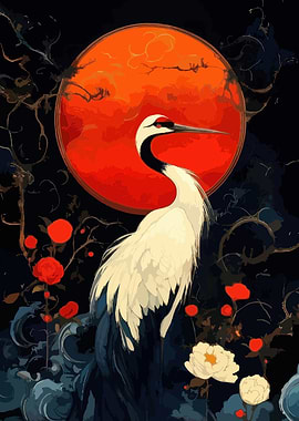 Red-crowned Crane and Red Sun