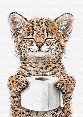Cute Leopard Cub Holding Toilet Paper
