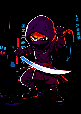 Chibi Ninja with Katana in Neon City