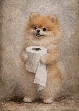 Pomeranian Dog Holding Toilet Paper