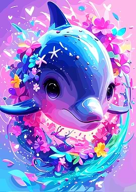 Cute Dolphin Surrounded by Flowers