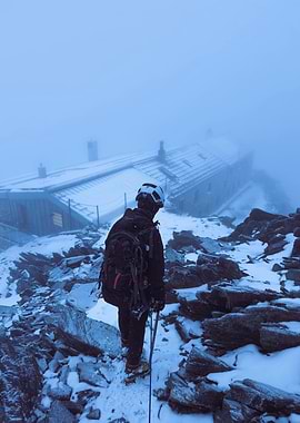 Mountaineer approaching mountain hut in snow