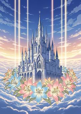 Fantasy Castle with Flowers and Light Beams