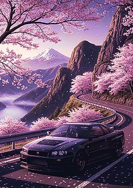 Nissan Skyline on Cherry Blossom Road