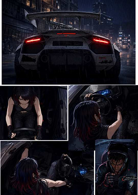 Anime characters in a futuristic car