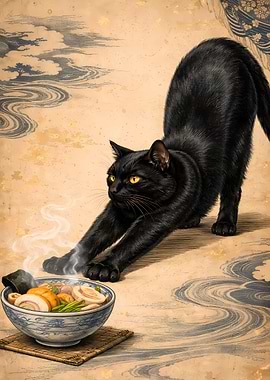 Reclining Black Cat With Hot Ramen Bowl