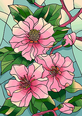 Stained Glass Pink Flowers and Leaves