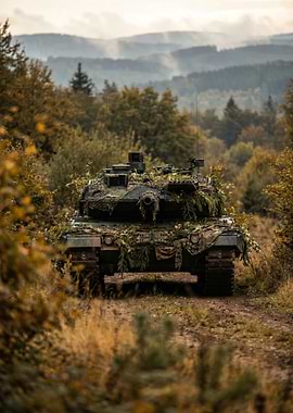 Camouflaged Tank in Autumn Forest