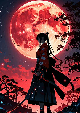 Samurai Woman Under a Blood Moon
