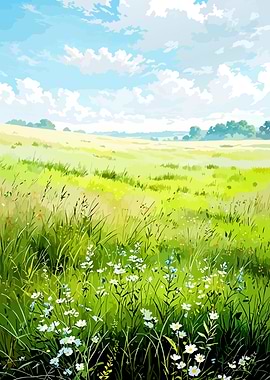 Vibrant Meadow Under a Cloudy Sky