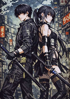 Anime Duo with Swords in City