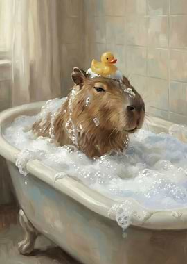 Capybara in a Bubble Bath with Rubber Duck
