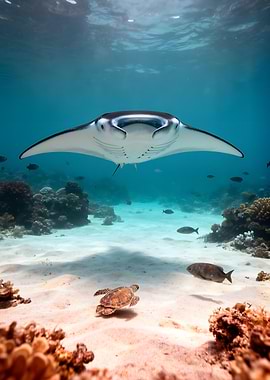 Manta Ray and Sea Turtle Underwater