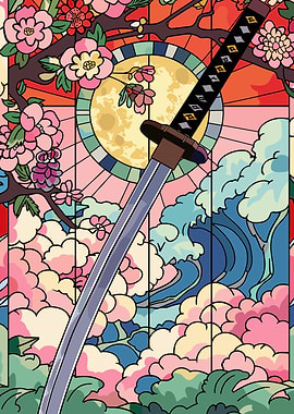 Samurai Sword with Cherry Blossoms and Waves