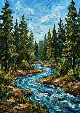 Impressionist River Through Pine Forest