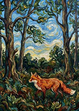 Fox in a Van Gogh-style Forest