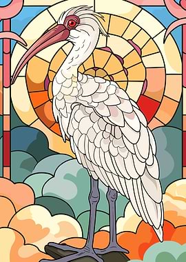 Stained Glass Ibis with Sun and Clouds