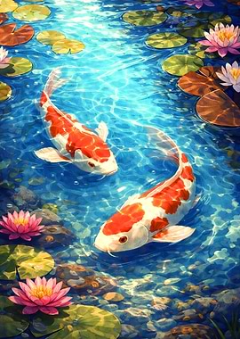 Koi Fish in Clear Blue Pond