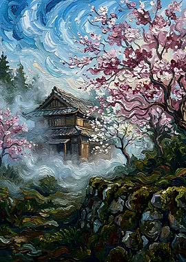 Misty Japanese House with Cherry Blossoms