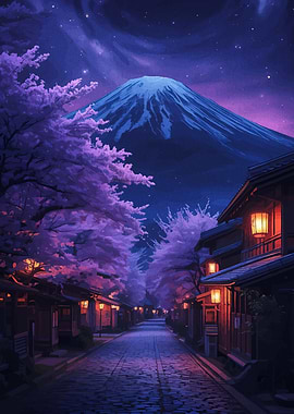 Mount Fuji at Night with Cherry Blossoms