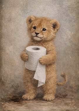 Lion Cub Holding Toilet Paper