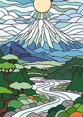 Stained Glass Mountain Landscape