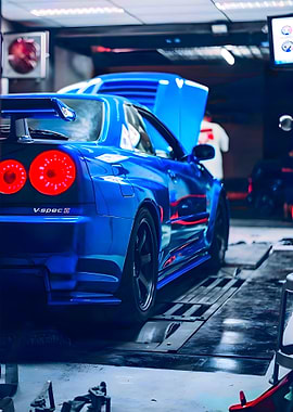 Blue Nissan Skyline GT-R V-Spec II on Dynamometer