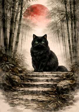 Black Cat in Bamboo Forest with Crimson Red Sun