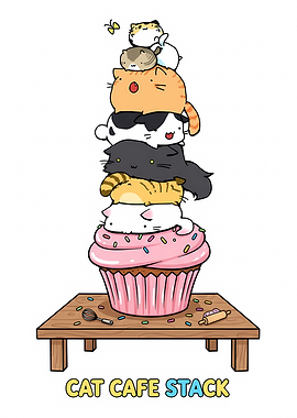 Cat Cafe Stack Cupcake Illustration