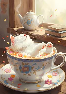 Cute Cat Relaxing in a Teacup