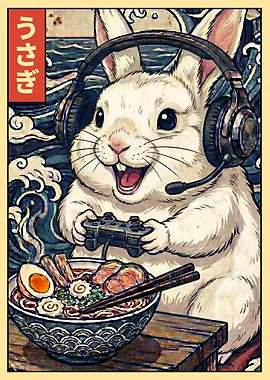 Gamer Rabbit Eating Ramen