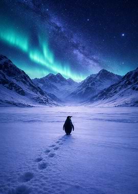 Penguin Under Aurora Borealis