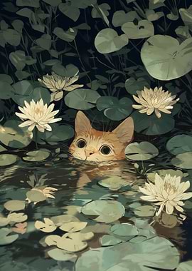 Cat Peeking from Water Lilies