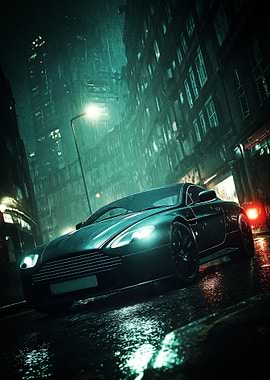 Sleek Car in Rainy City of London Poster