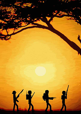 Soldiers silhouetted against a sunset