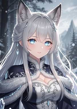 Anime Girl with Fox Ears in Winter