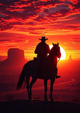 Cowboy on Horse at Sunset
