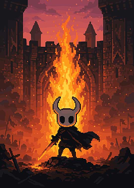 Knight in front of a castle fire