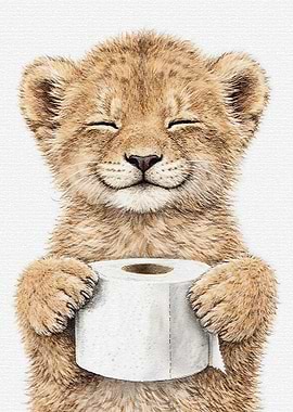 Cute Lion Cub Holding Toilet Paper