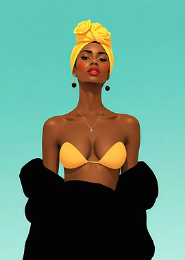 African Woman in Yellow Headwrap and Bikini