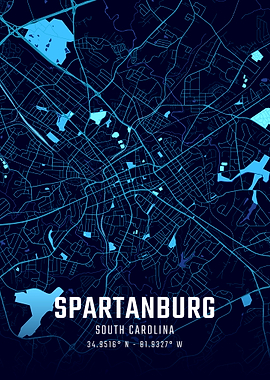 Spartanburg South Carolina Midnight City Map
