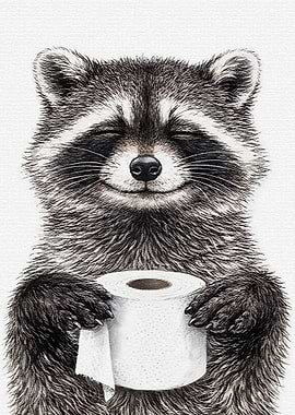 Happy Raccoon Holding Toilet Paper