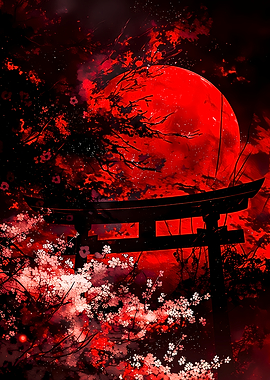Red Moon Torii Gate Cherry Blossoms