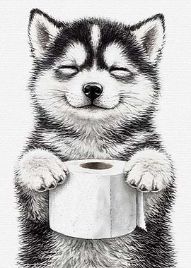 Cute Husky Puppy Holding Toilet Paper